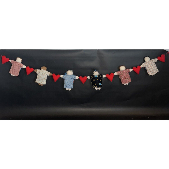 VTG Handsewn Ragdoll & Hearts 42" Garland Love One Another Folk Art Cottage Core - Picture 6 of 7